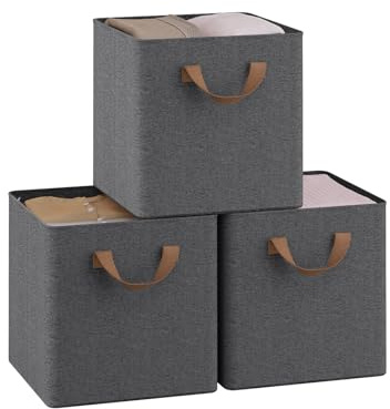 WOLTU Storage Boxes Set of 3, Storage Baskets, Folding Wardrobe Cube Boxes, with Handle and Metal Frame, for Living Room/Bedroom/Study, Linen, 26x26x26.5cm, Grey
