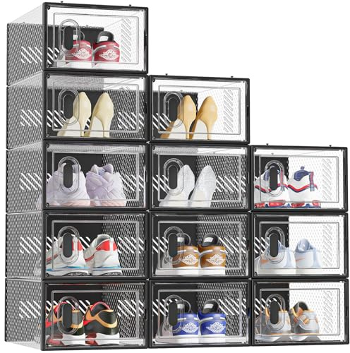 SIMPDIY Shoe Boxes,12 pcs Shoe Storage Box Clear Plastic Stackable, Shoe Organizer Containers with Lids for Women/Men, Black