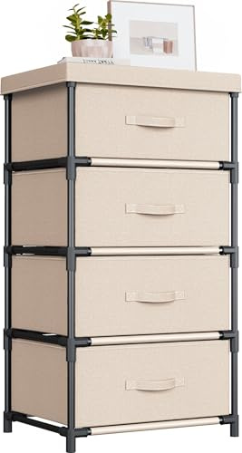WANGIRL Fabric Chest of Drawers Bedroom, 4 Drawers Storage Unit with Sturdy Steel Frame, Dresser Drawers for Bedroom, Living Room, Hallway, Office and Closet - Beige