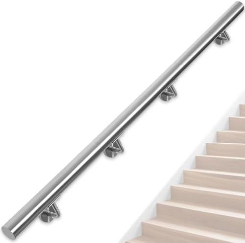 OUUTMEE Stainless Steel Handrail for Stairs – 250CM Wall-Mounted Stair Railing with Brackets, Indoor/Outdoor Handrail for Loft, Porch, Garage & Deck