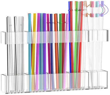 Rycid 9.5” Large Acrylic Straw Holder for Cabinet Door, Reusable Adjustable Two-Part Straws Organizer with Ultra Sticky Adhesive Strips, 2026 Straw Storage for Kitchen Cupboard (Transparent)