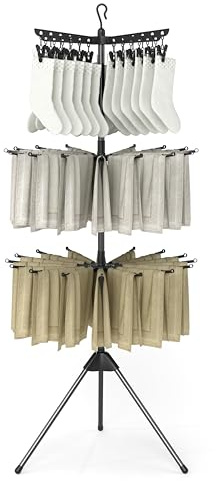 GOPLUS Estante de Secado de Ropa de 3 Niveles, Toallero Plegable con 32 Varillas y 24 Clips, Brazos Giratorios de 360° y Soporte de Clips Desmontable, Trípode Plegable para Lavandería y Balcón