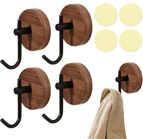 Yuyueda 4 Stk Garderobenhaken Holz,Walnussholz Kleiderhaken Wand,Selbstklebend Wandhaken Holz,Wandmontierte Rustikale Holzhaken,Klebehaken Deko Haken für Garderobe,Jacken, Mäntel, Schals, Handtaschen