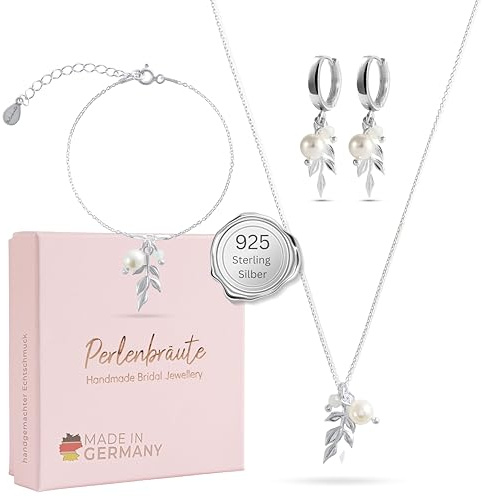 Schmuck mit Perlen Hochzeit – premium 925 Silber Schmuckset & Ohrringe Braut – hochwertiger Brautschmuck Perlen – Damen Schmuck gold Braut – Brautohrringe, Schmuckset Hochzeit Blatt