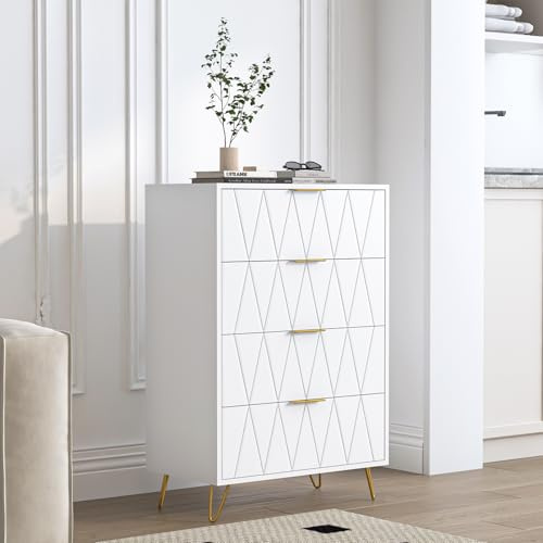 FEEOHOME Kommode mit 4 Schubladen, weiße Kommode, großes Aufbewahrungsmöbel, Schubladenschrank mit Metallständer, für Wohnzimmer und Schlafzimmer, Kinderzimmer, 60 x 34 x 90 cm