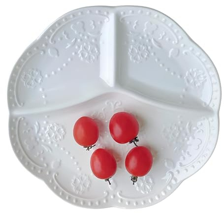 CompadreBol Plato dividido de cerámica, Diseño de encaje en relieve, Apto para diversas frutas ensaladas postres pasta y carne. Apto para microondas y horno