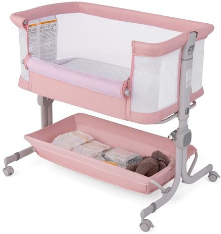 RELAX4LIFE Cuna Colecho Bebé con 6 Alturas Ajustables, Colchón, Cesta de Almacenamiento y Ruedas Bloqueables, Cunas para Bebés con Bolsa de Transporte para Bebes 0-6 Meses (Rosa)