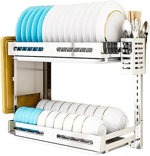 TentHome Egouttoir Vaisselle Inox Mural Réglable Égouttoir à Vaisselle Étagère Murale Cuisine Accessoires Seche Rangement Vaisselle Support Porte Ustensiles Cuisine Mural Casiers et Supports 2 Niveaux