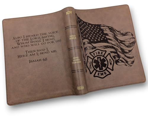 Personalized KJV Bible | Brown Leatherlike | EMS, Firefighter, American Flag Engraving | Custom Name | Single-Column | Wide-Margins | Red Letter | J2 Custom Creations