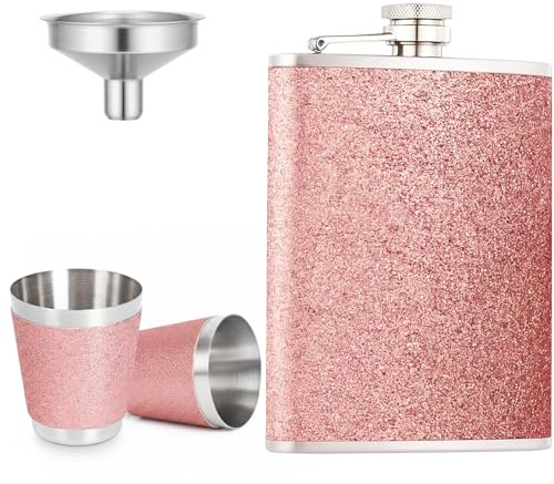 Flachmann Edelstahl, 4-teiliges Set Mit 8oz Flasche, 2 Bechern Und 130ml Trichter in Pink, Ideal Für Outdoor-Aktivitäten Und Geschenke, Flachmann Mit Gravur Option, Kompakt Und Leicht