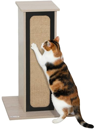 PawHut Cat Scratching Post, 63 cm Tall Scratcher with Replaceable Scratching Board, Top Perch, Natural Sisal Scratch Mat, for Large Cats and Kittens, Oak
