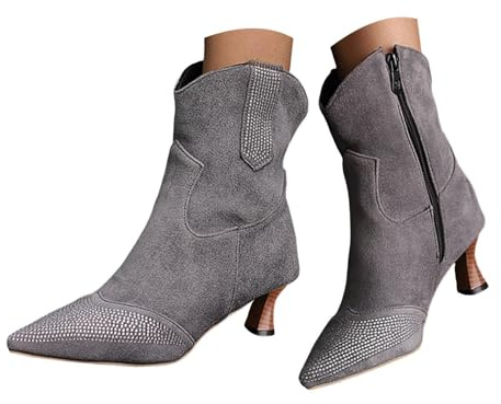 Dam strass glitter ankelstövlar cowboy stövlar för kvinnor Storbritannien glitter västerländsk cowboy spetsig tå strass ankel tossor retro mocka cowgirl sidodragkedja mellanklack mode tossor, Grå