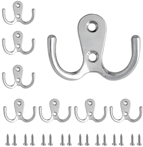 SZWLJ 8PCS Dual Coat Hooks, Silver Metal Double Prong Coat Hooks Wall Mounted with Screws, Door Hooks can be Used for Hanging Clothes, Towels, Suitable for Bedroom, Bathroom