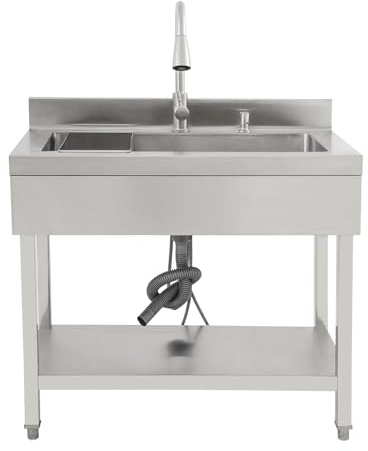 KKVUIIFF - Handfat i rostfritt stål, fristående diskbänk, kommersiella handfat med utdragbar kran, tvåldispenser och diskställ, 90 x 60 x 80 cm (silver)