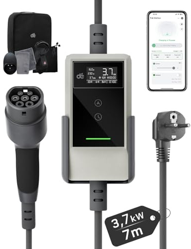 dé 3,7 kW elbilsladdare med app white [7 m, 6–16 A] schuko laddkabel för elbil med väggfäste, digital LCD-laddare av typ 2, kompatibel med E-208, Model Y, E-Tech och andra elbilar med hybridteknik