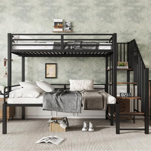 Merax Letto a castello in ferro, letto a soppalco per bambini e ragazzi, 90 x 200 cm e 120 x 200 cm, nero con colore legno vintage, cabina scala angolare con vano portaoggetti, certificato EN 747