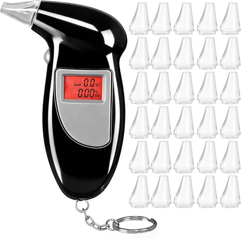 Hiacinto Alkoholtester - Alkoholtester Polizeigenau im Profi-Set, inkl. 30 Mundstücke & digitaler LCD-Anzeige für präzise Messungen zu Hause und unterwegs