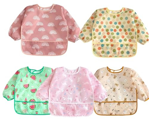ONGNIUU Baby Lätzchen mit Lange Ärmeln, 5 Pack Lätzchen mit Ärmeln, Abwaschbar Ärmellätzchen Ganzkörper Lätzchen, 5 Niedliche Designs, Weiches, Maschinenwaschbar, für Kleinkinder 6-24 Monate