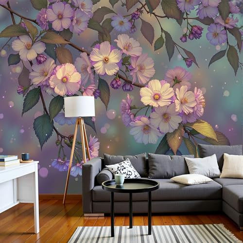 Carta da Parati Fotografica Murale 250x175cm Fiori di ciliegio astratti Del Acquerello d'epoca Carta da Parati Effetto 3d Decorazione Murale Poster da Parete per Camera da Letto per Ragazzi, Viola
