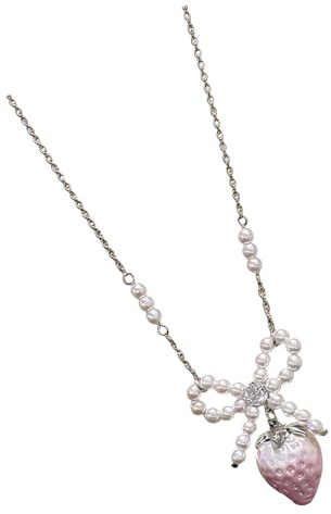 Limtula Collana con ciondolo a forma di fragola, con perle e fiocco, elegante gioiello per il collo, per donne e ragazze, regalo con perline