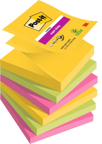 Post-it Super Sticky Z-Notes, 6 Blöcke (540 Blatt), 76 mm x 76 mm | Selbstklebende Haftnotizen mit Stärkerer Haftung, Klebezettel für Bürobedarf, Erinnerungen & To-Do-Listen; Repositionierbar
