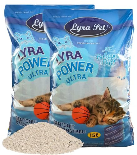 Lyra Pet® | 30 Liter Lyra Power Ultra Excellent Katzenstreu | Mit Babypuder Duft | Klumpstreu | 350% Saugkraft | Naturprodukt aus Bentonit | Stark Klumpend | Saubere Wohnung | Neutralisiert Gerüche