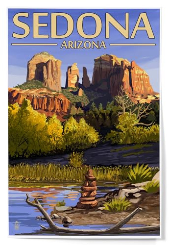 Lantern Press Print, Sedona, Arizona, Cathedral Rock and Cairn