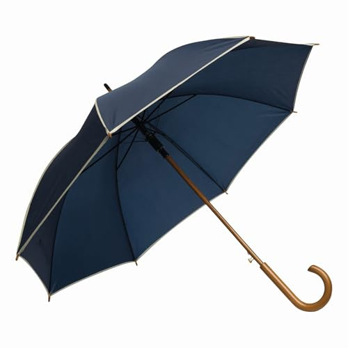 Preiswert&Gut Stockschirm Automatik Regenschirm Ø103 cm Holzgriff Holz-Rundhakengriff Holztipse 89,5 cm Länge 60 cm Metallspeichen marineblau braun
