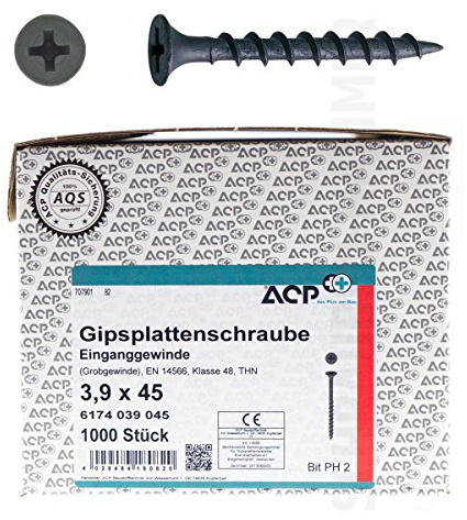 ACP Schnellbauschrauben Grobgewinde 3,9 x 45 mm - 1000 Stück, PH 2, Gipsplattenschraube Einganggewinde, phosphatiert