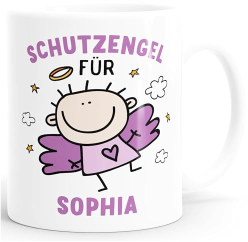 SpecialMe personalisierte Kaffeetasse Schutzengel mit Name Namenstasse personalisierte Geschenke Glücksbringer Weiss-lila Keramik-Tasse