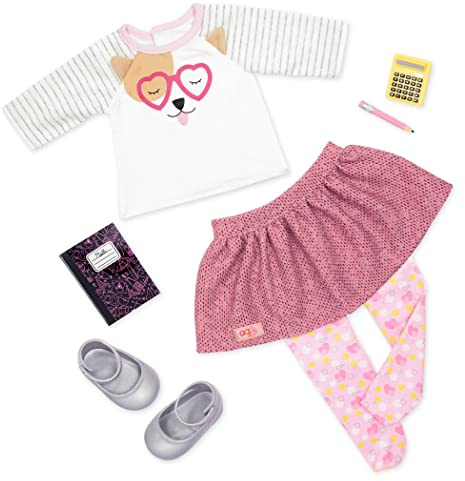 Our Generation Klassenzimmer Cutie – Schuloutfit mit Schulzubehör | Puppenkleidung mit Oberteil, Rock, Strumpfhose, Schuhen, Notizbuch, Bleistift und Taschenrechner, Schuloutfit, 3+ Jahre