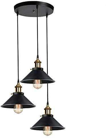 iDEGU 3 Luci Lampadario a Sospensione Vintage Lampada a Sospensione Industriale Stile Edison E27 Plafoniera Lampadario da Soffitto per Sala da Pranzo Soggiorno Cucina Bar, Nero, 22CM (3 Luci, Piatto)