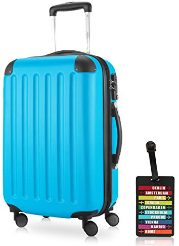Hauptstadtkoffer - Spree - Kabinentrolley + Kofferanhänger, Handgepäck Hartschale mit Erweiterung, TSA, 4 Rollen, 55 cm, 42 Liter, Cyanblau