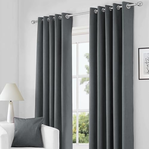 RayyanLinen Readymade Blackout Thermal Eyelet Ring Top Pair of Curtains Including 2 free Tiebacks (CHARCOAL GREY, Width 66 x Drop 90)