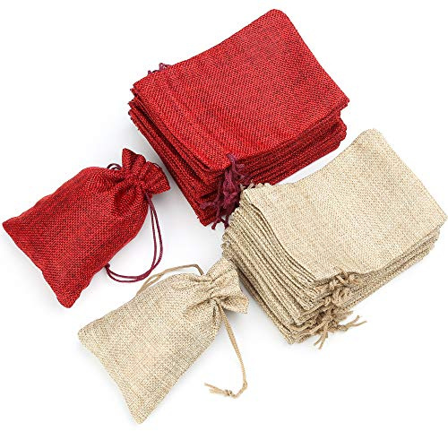 30PCS 10CM*14CM Small Hessian Bags Cotton Muslin Bags Reusable Mesh Bag with Drawstring Jute Bag for Jewellery Birthday Party Christmas（Wood Colour and Red）