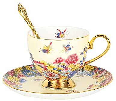 CHENP.HMC Porzellan-Teeset, 3-teiliges Tassen- und Untertassen-Set mit Löffel, Vintage-Porzellan-Kaffeetassen-Set, florales Teetassen-Set mit goldfarbenem Rand und Geschenkbox, 200 ml