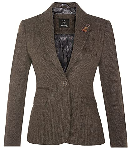 Tru Clothing Blazer da Donna Marrone Sartoriale Classico a Spina di Pesce in Tweed Elegante con Toppe sui Gomiti Anni '20 8