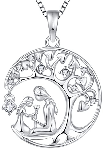 YL Collier Mère et Fille Avril Pierre de naissance Oxyde de Zirconium Pendentif Arbre de Vie en Argent 925 pour Femme Maman