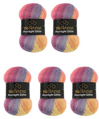 Moonlight Glitter Batik Simli 5 x 100g Strickwolle 500 Gramm Wolle zum Stricken und Häkeln 20% Wolle Metallic-Wolle Farbverlaufswolle Glitzerwolle (3000 regenbogen pastell)