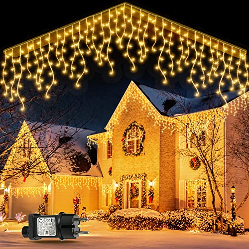 GYLEFY Eisregen Lichterkette Außen, 10M 400 LED Anschließbar Lichterkette Außen, Weihnachtsbeleuchtung Außen IP65 Wasserdicht Timer, 8Modi Lichterkette für Weihnachtsdeko Aussen Innen- Warmweiß
