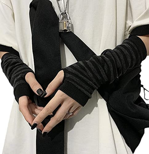 URAWESO Goth Arm Warmers Grunge Striped Punk Emo Arm Sleeves Thumb Hole Harajuku Y2k Gloves Black and Grey