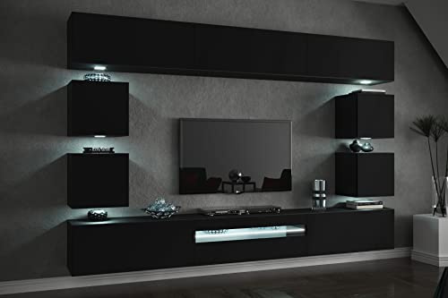 FURNITECH Wohnwand - Moderner Wohnzimmer Schrank - Hängender Fernseher mit LED RGB-Beleuchtung und 16 Farben, Schrankwand mit Regal und TV-Schrank (Future C81-18B-M5 1B Matt)