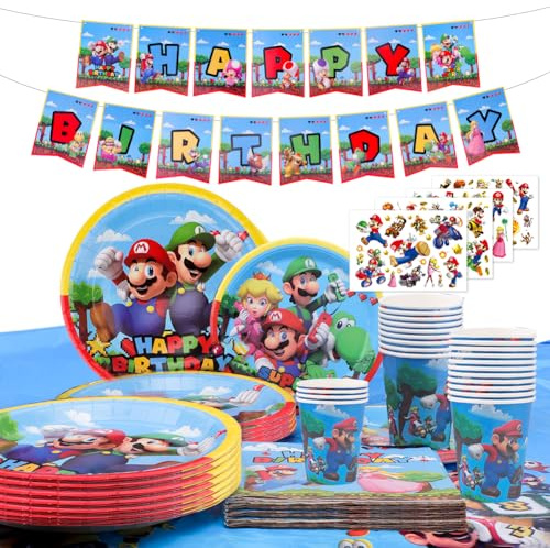 Super Mario Set di Stoviglie per Feste 118 Pezzi, Super Mario Set per Bambini di Piatti e Tazze, Tovaglioli, Tovaglie per Feste di Compleanno