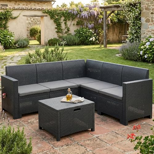 Dmora - Loungeset für draußen Eris, Outdoor-Lounge mit Couchtisch, Terrassenset mit Kissen, Gartenkomposition mit Sofa und Sesseln, Made in Italy, Anthrazit
