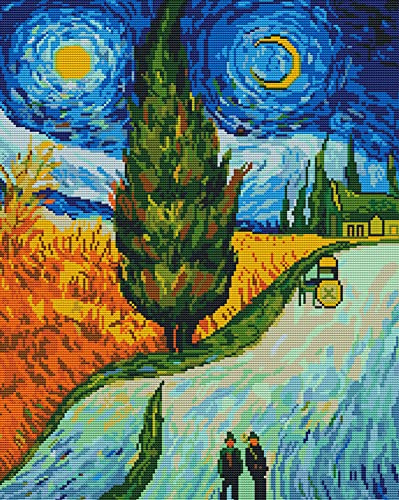 Awesocrafts Kreuzstich Stickpackungen Vorgedruckt Vincent van Goghs Weg der Zypressen Bilder Vorlagen Sticken Set Vorgedruckt 11CT 3 Stränge