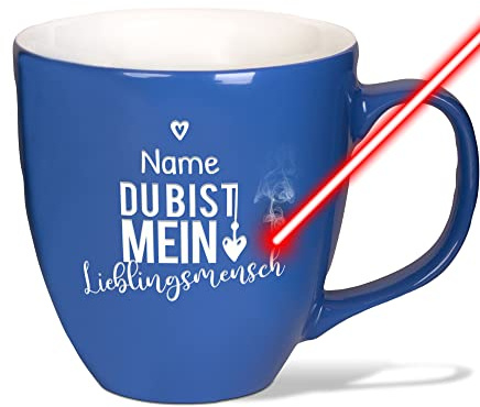 XXL Jumbotasse graviert mit Name und Spruch - Lieblingsmensch - Hochwertige Porzellan-Tasse mit Gravur, hochglänzende Oberfläche, Geschenk für Mama | Pacific Blue, 400 ml