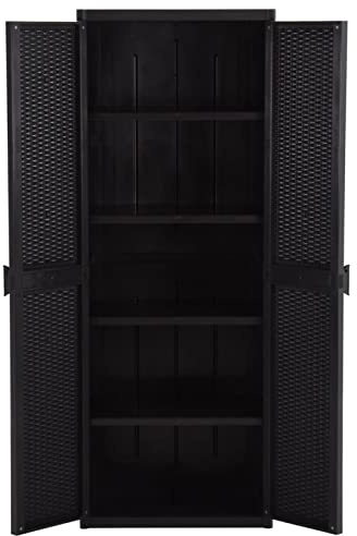 Keketa Gartenschrank Spindschrank Multifunktionsschrank mit 4 Ablagen Terrassenschrank Balkonschrank für innen und außen Schwarz 65x45x172 cm Rattan-Optik
