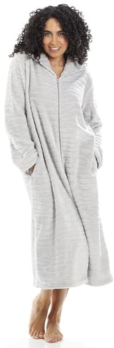 Camille Vestaglia da Donna in Pile Super Morbido con Cerniera, Zebra, Grigio, 42/44