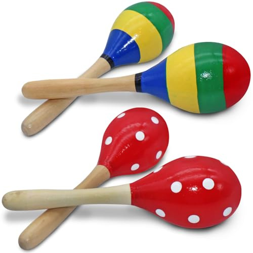 4 Pcs Wooden Maracas Set, lyfLux 2 Colors (Red and Fancy Colors) Maracas Hand Percussion Instruments for Music, Parties, Performances, Classroom, Band