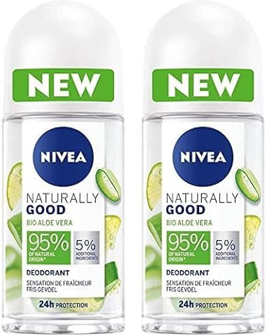 NIVEA NATURALLY GOOD Déodorant Femme Aloe Vera Bio Bille 50 ml, déodorant avec 95% d’ingrédients d’origine naturelle, roll-on fraîcheur 24h (Lot de 2)
